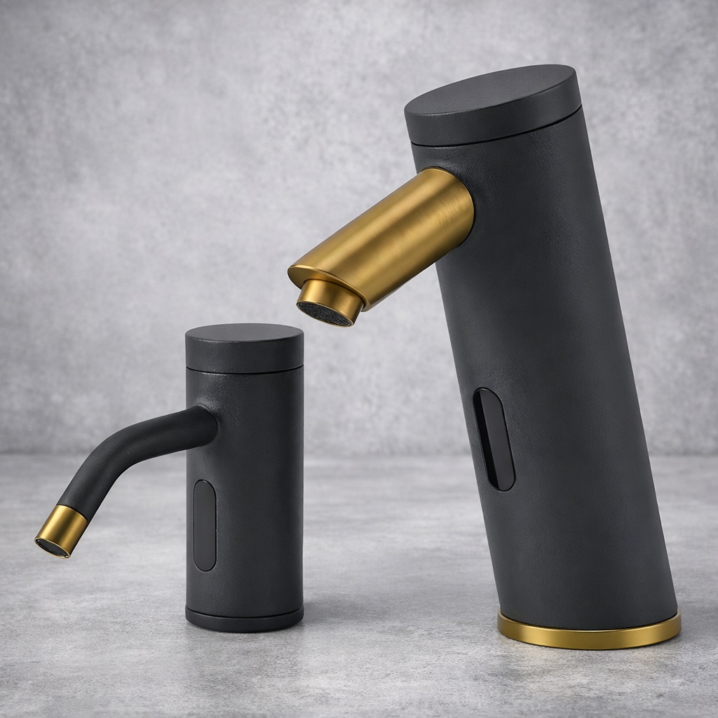 FS20000BGMB touchless faucet with matching soap dispenser set for public restrooms
